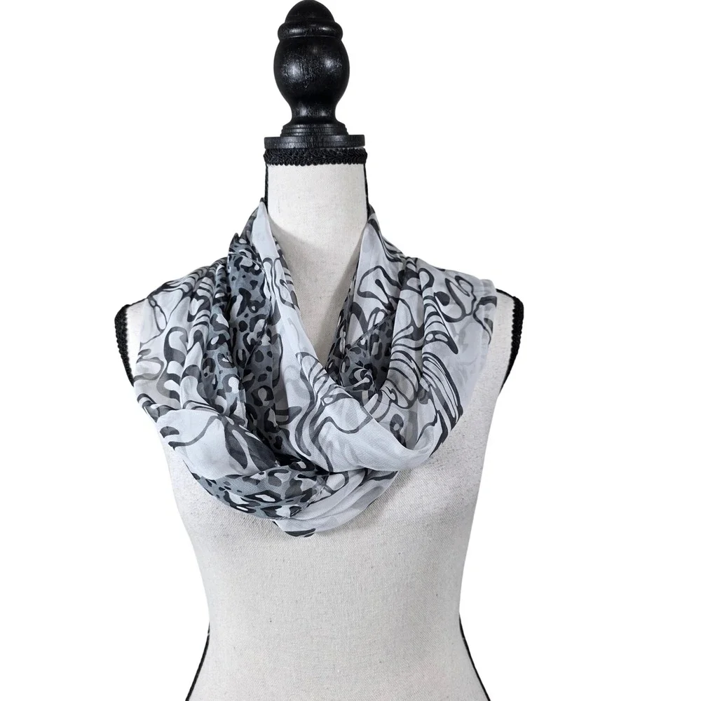 Noxiya Silk Scarf Gray Leopard Floral Print Sheer OS Luxury, Wrap, Lightweight